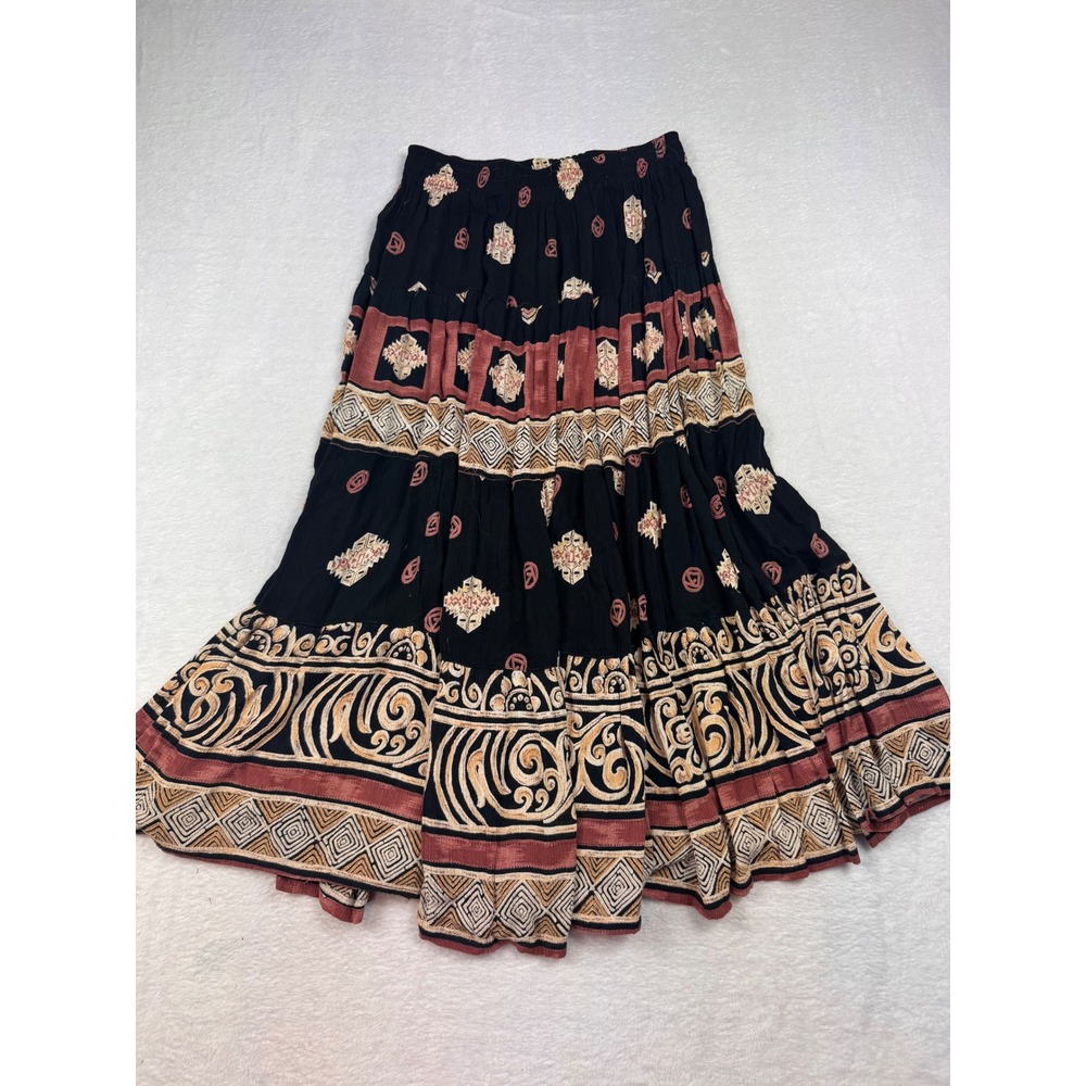 Casuals Women Black Boho Tiered Maxi Skirt Rayon Geometric Print Size M